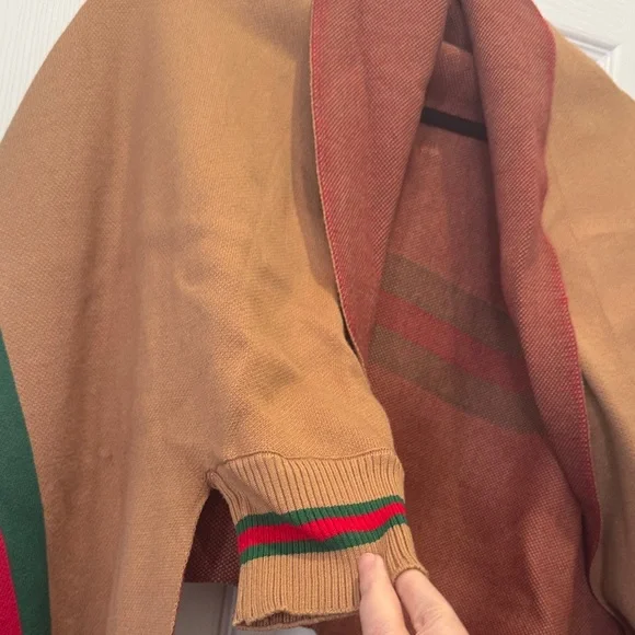 Tan and Red Striped Shawl with Fringe - Picture 4 of 6